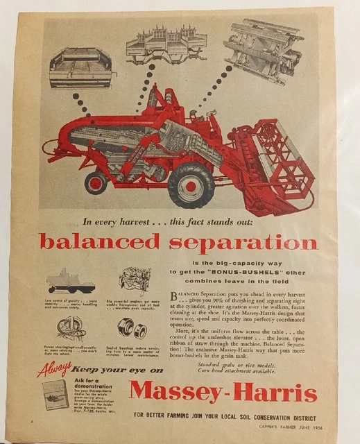 Vintage Massey-Harris Tractor Advertisement "Balanced Separation" 1956 Combine