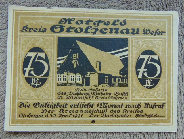 Geldscheine, Notgeld, Gutschein über 75 Pfennig, Kreis STOLZENAU, 1921 Jahr!