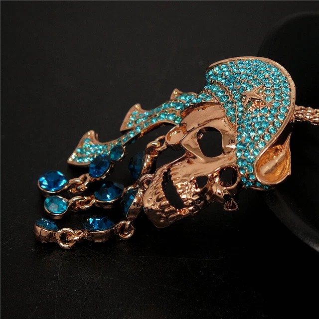 Betsey Johnson Bling Rhinestone Blue Pirate Skull Crystal Pendant Chain Necklace 3