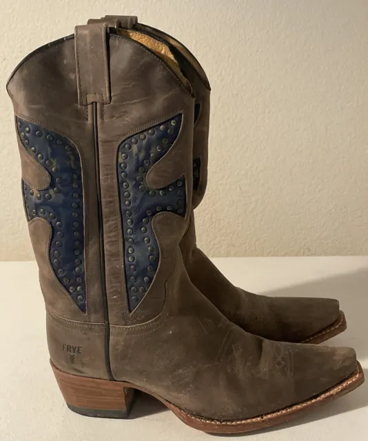 Women's Frye Daisy Duke Brown W/ Blue Cut Outs Western Boots Sz 7 M Cowboy