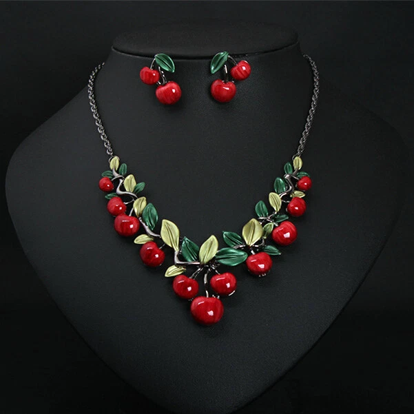 Betsey Johnson Fashion Girl Red Cherry Enamel Pendant Chain Necklace Earring Set