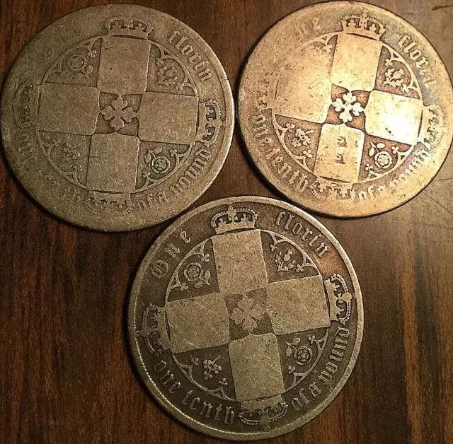 Lot Of 3 Uk Gb Great Britain Silver Gothic Florin Two Shillings Coins