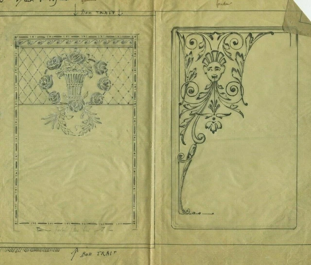 Antique Pencil Original Drawing Art Nouveau, Architecture, Flowers, Decoration