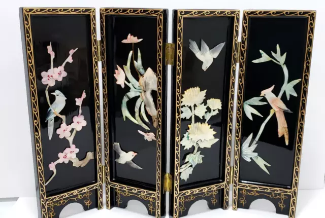 VTG Asian Style Ebonized Chinoiserie Four-Panel Mini Screen Floral & Birds