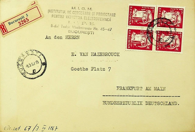 ROMANIA 1967 4x1L ON BUCURESTI REGD COVER TO FRANKFURT MAIN GERMANY