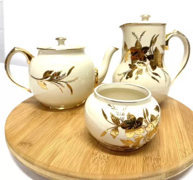 Sadler Teapot Jug & sugar Bowl gold floral pattern  England