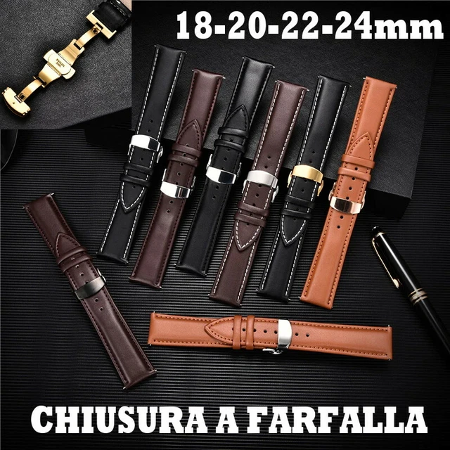 CINTURINO OROLOGIO PELLE CHIUSURA A FARFALLA NERO MARRONE 18mm 20mm 22mm 24mm