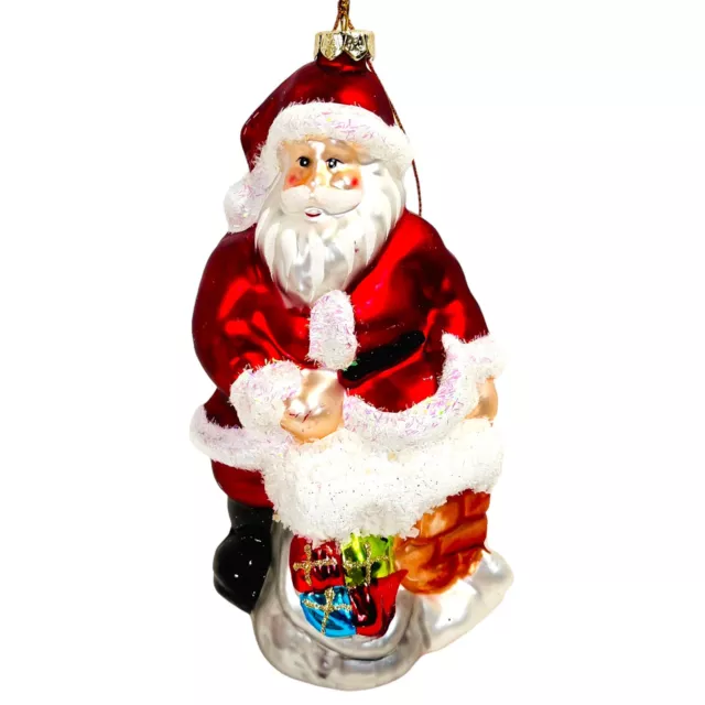 Santa Glass Christmas Ornament Snowy Chimney Toy Bag Large 6” Mercury Style Red