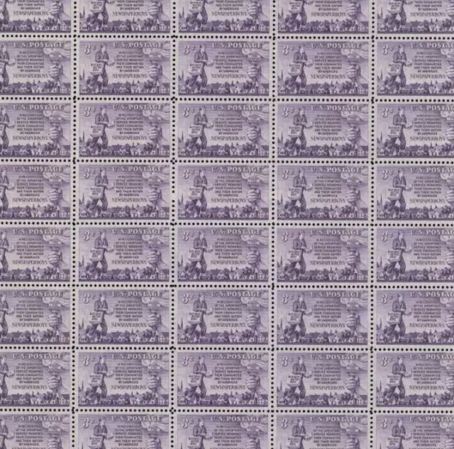 #1015 Newspaper Boys Sheet of 50 stamps 3 cent full mint sheet of 50 MNH OG