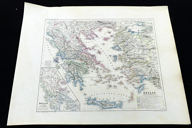LARGE ANTIQUE MAP of Ancient Greece Greek Roman Empire Hand Coloured