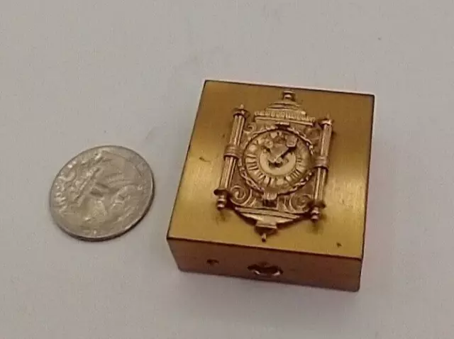 Vtg Brass Square Pill Ring Box Raised 3D Ornate Clock Design Push Lid Trinket