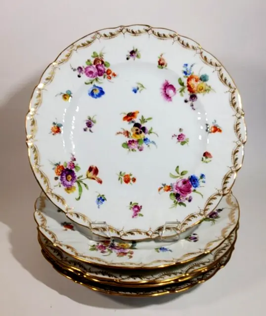 5 Richard Klemm Dresden Hand Painted Dinner Plates Scattered Floral c. 1888-1916