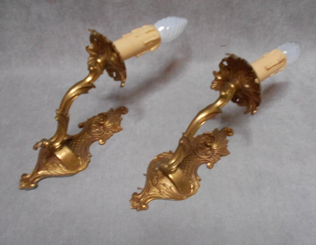 Vintage Pair French Solid Brass Wall Light SCONCES marked