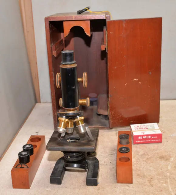 Antique Spencer Microscope 89291 Wetzlar & B & L lens wood box collectible tool