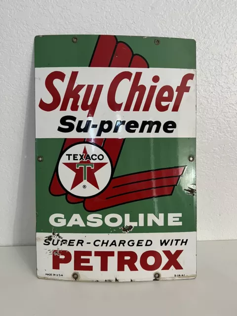 Vintage 1961 Original SKY CHIEF SUPREME Gasoline Petrox Porcelain Gas Pump Sign
