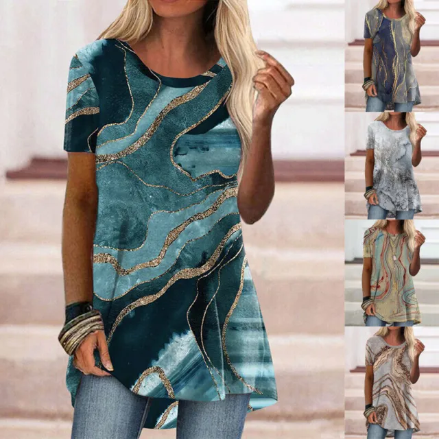 Womens Printed Tunic Tops T-Shirt Ladies Casual Loose Short Sleeve Blouse Tee