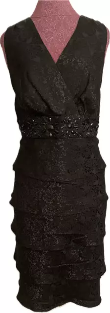 R&M Richards Women's Evening Dress Tiers Black Beaded Jacquard Size 16W