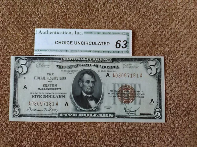 1929 $5 Five Dollar Banknote, Crisp, Very Nice, Cu, Brown Seal, Boston-Issued