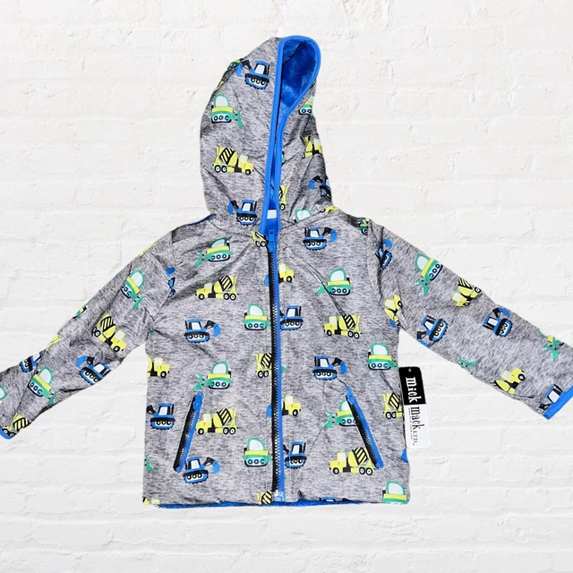 Mick Mack Boy's Coat Size 2T Gray Blue Tractor Trucks Soft Furry Lining Hooded