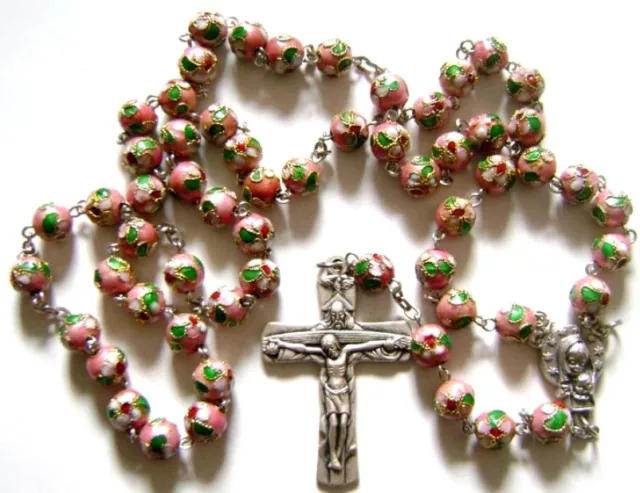 PINK CLOISONNE ROSE Beads ROSARY & CROSS NECKLACE CRUCIFIX CATHOLIC jewelry