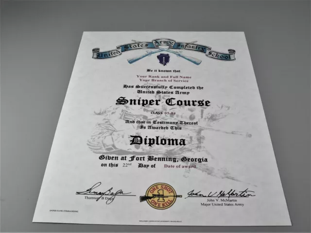 US Army SNIPER Course School Diploma Replacement Certificate