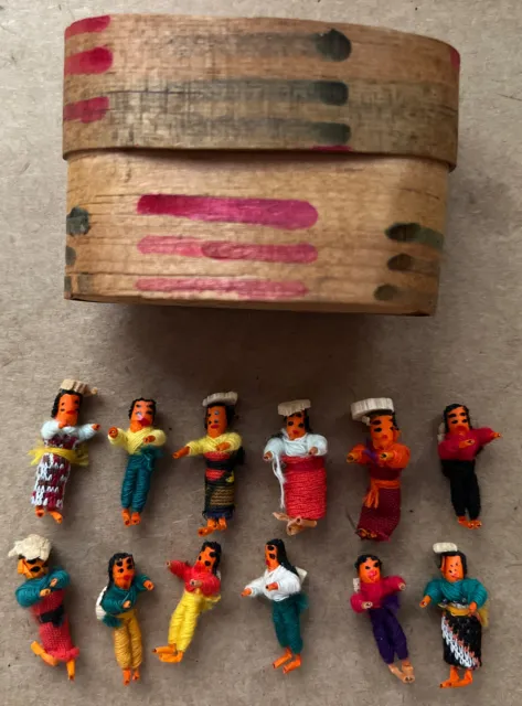 Vintage 12 GUATEMALAN WORRY DOLLS/Trouble Dolls In Wooden Box ~ Travel Souvenir