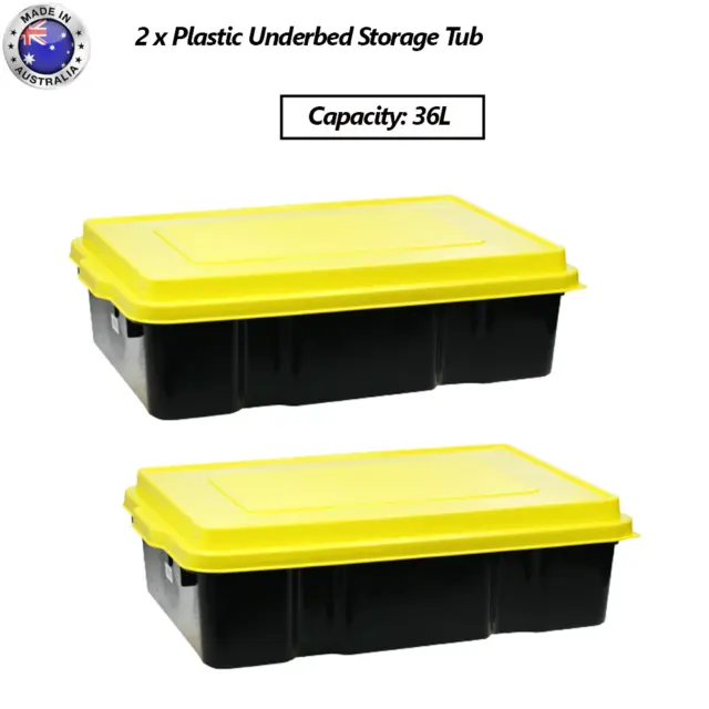 2 x 36L Heavy Duty Plastic Under Bed Storage Tub Container W/ Lid Australia Made