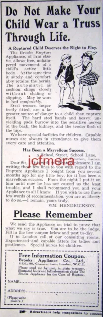 Small 1919 BROOKS 'Rupture Appliance' Childs' Truss AD - Original Print Advert