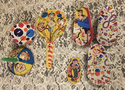 Vintage Noise Maker Lot Tin Toy Metal Clown Vintage Party Litho Clicker US Japan