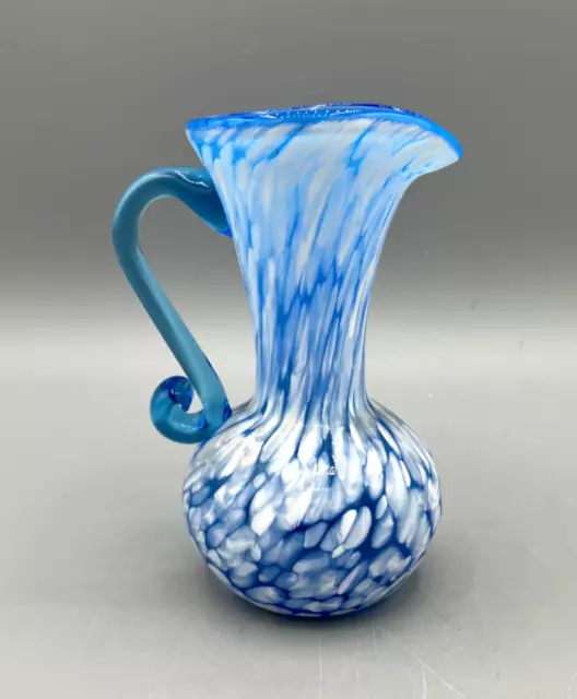 Rainbow Glass Hand Blown Small Decorative Pitcher  w/Blue & White Mottled Design