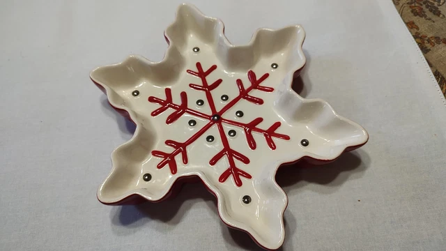 Hallmark Holiday Ceramic Snowflake Shaped Red White Serving Dish Candy Nut Plate