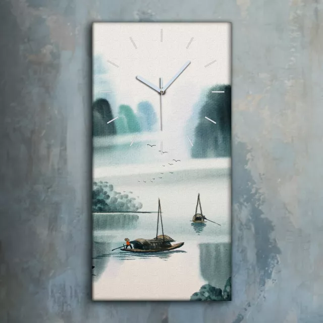 Silencieux Horloge décorative sur toile 30x60 Encre de Chine Bateaux Tableau