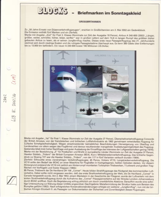 GB2055) Great Britain 2002 Passenger Jet Aviation M/Sheet MUH on album page