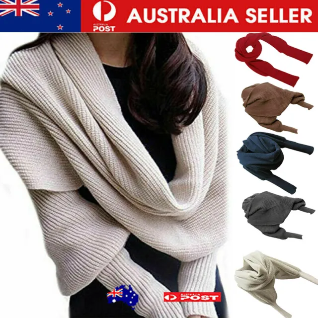 Winter Warm Knitted Wrap Crochet Thick Shawl Cape with Sleeve Scarf for Women