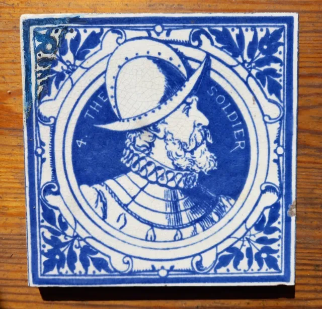 Antique Victorian tile. Shakespeare '7 ages' series The Soldier. Maw &co. c1880
