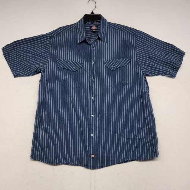 Dickies Shirt Mens 2XL XXL Blue Striped Snap Western Mechanic Short Sleeve Work