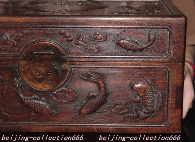 15.8" Chinese huanghuali wood carved Feng Shui fish lotus Storage Box crate Box 3