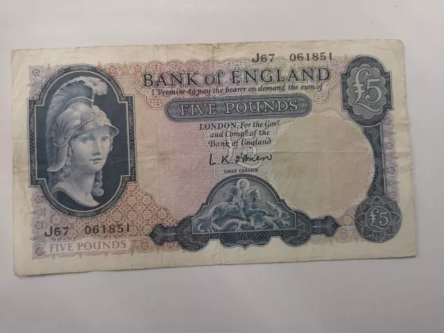 Bank of England £5 pound O'Brien 1957 (B277).