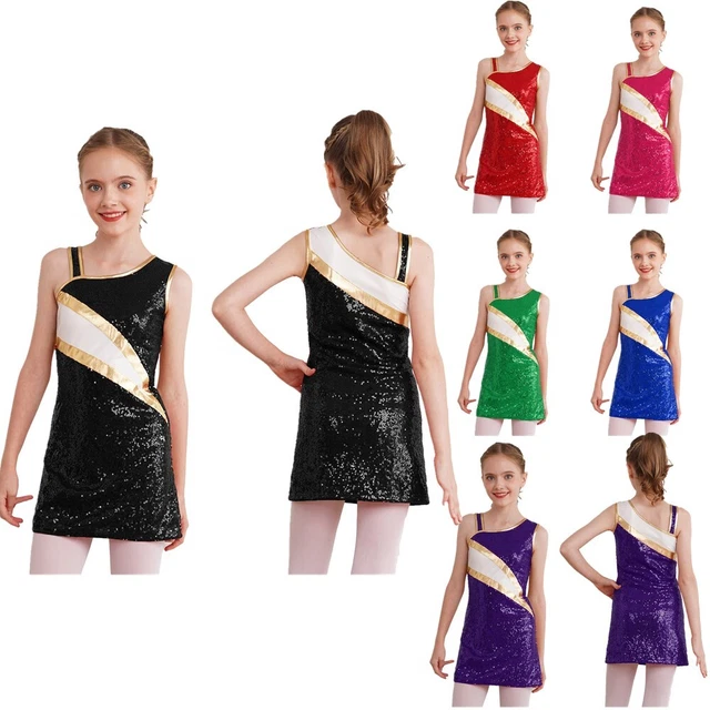 Kids Girl's Dance Dress Irregular Shoulder A-Line Dress Color Block Patchwork