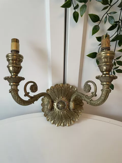 Antique Gold Ornate Acanthus 2 Arm Wall Light Sconce Solid Brass Spain 1/3