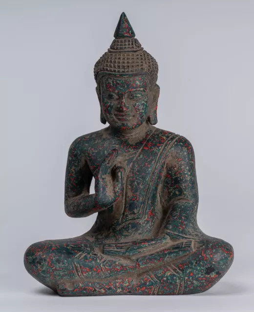 Antique Khmer Style Cambodia Seated Wood Buddha Statue Teaching Mudra - 20cm/8"