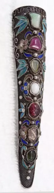 Old Chinese Filigree Silver, Enamel, Jade, Opal, Tourmaline Finger Guard Brooch