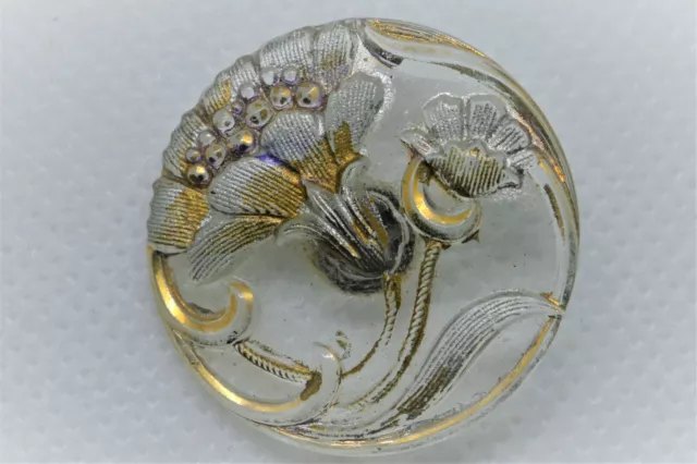 -ANCIEN BOUTON VERRE  décor de FLEUR Dorée XVIII/XIX COLLECTION MERCERIE vitrine