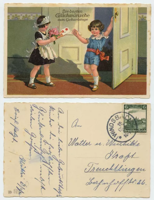 111828 - Maid with Birthday Mail - Postcard, Run 15.12.1935