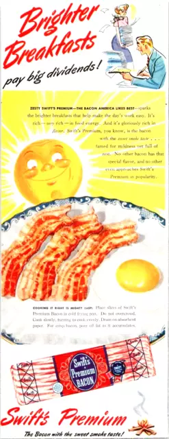 Vintage Print Ad For Swift's Premium Bacon. Ad Has Bacon, Eggs, Big Sun, People