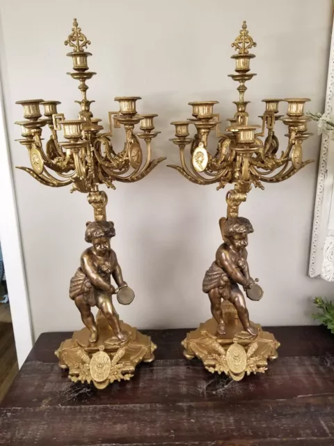 Pair of Large Brass Cherub Nine Light Candelabras * Late 19th Century