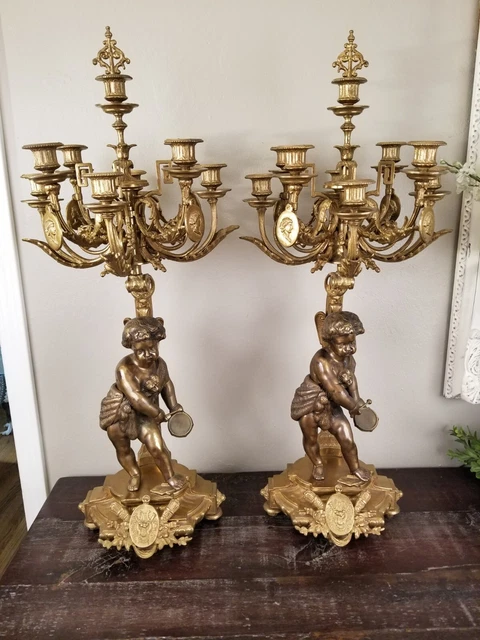 Pair of Large Brass Cherub Nine Light Candelabras * Late 19th Century