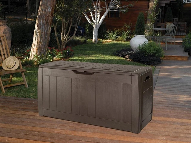 Cassapanca Da Esterno In Resina Antracite 340 Litri - Baule Effetto Legno 118x59x57 Cm, Per Giardino E Terrazza