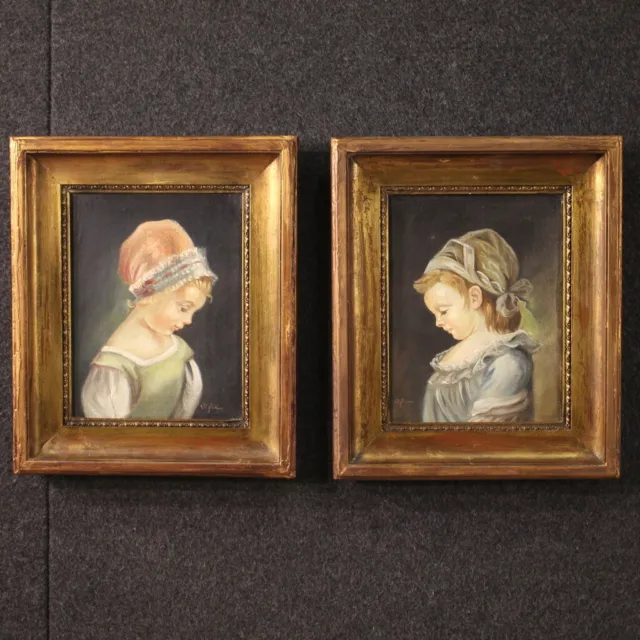 Coppia di dipinti firmati olio su tela ritratti due quadri donne bambine 900