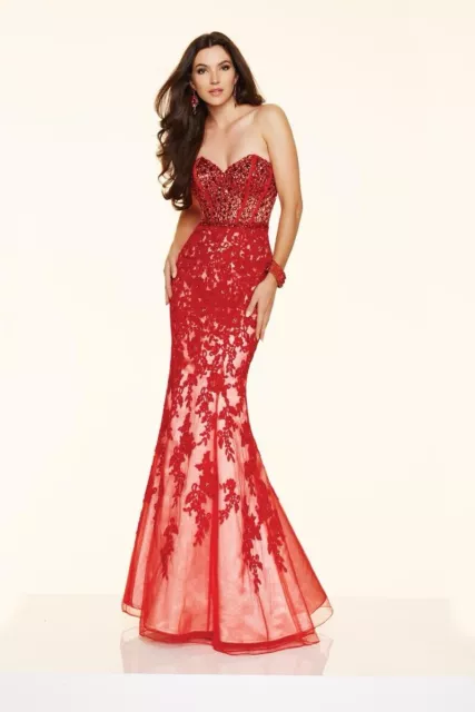 MORI LEE by Madeline Gardner Red Beaded Prom Pageant Mermaid Sheer Dress Size 6